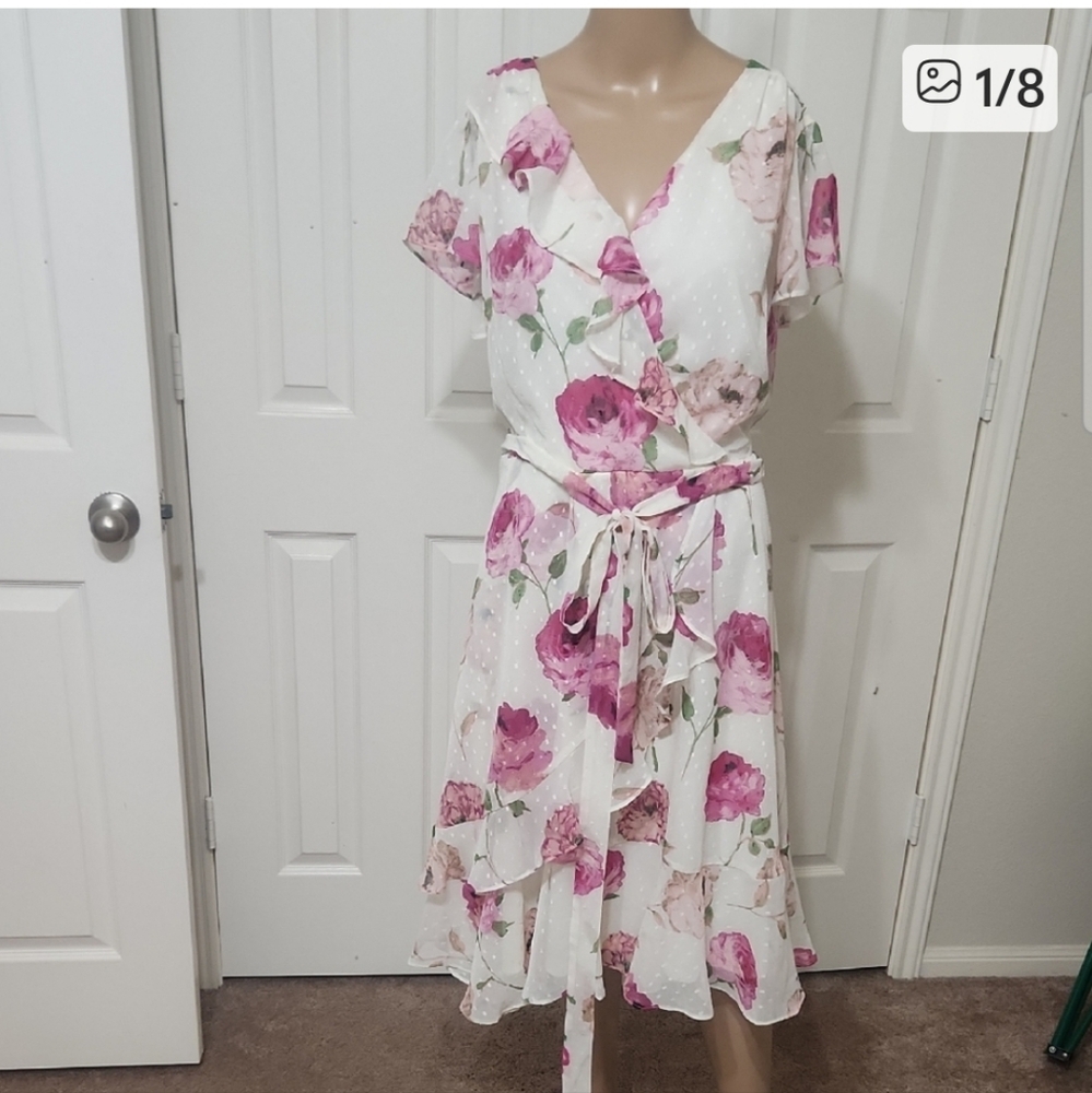 Julian Taylor 16w Cascading Ruffles Faux Rap Floral Midi Dress